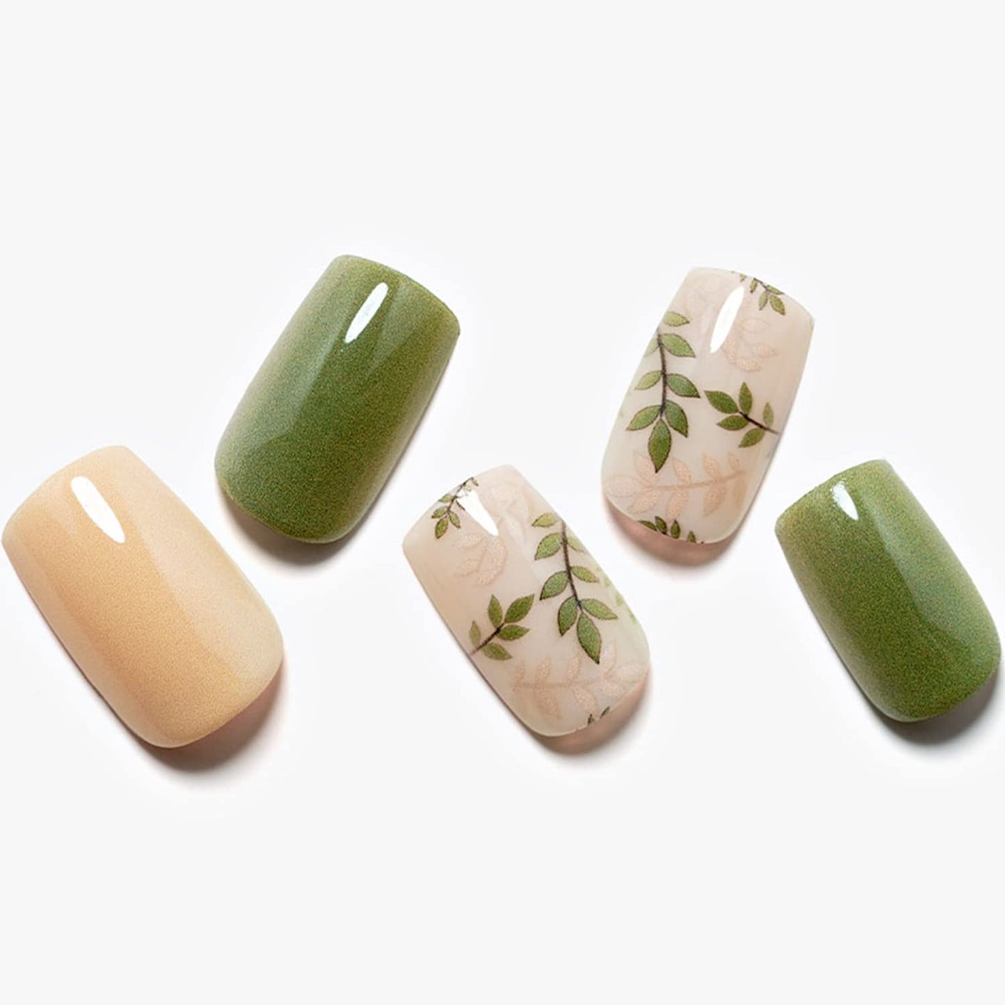 Press on Nails Medium Short Square GLAMERMAID, Amber Green Ferns Fake Nails with Design Cute Acrylic False Nail Kits Stick Glue on Nails Sets