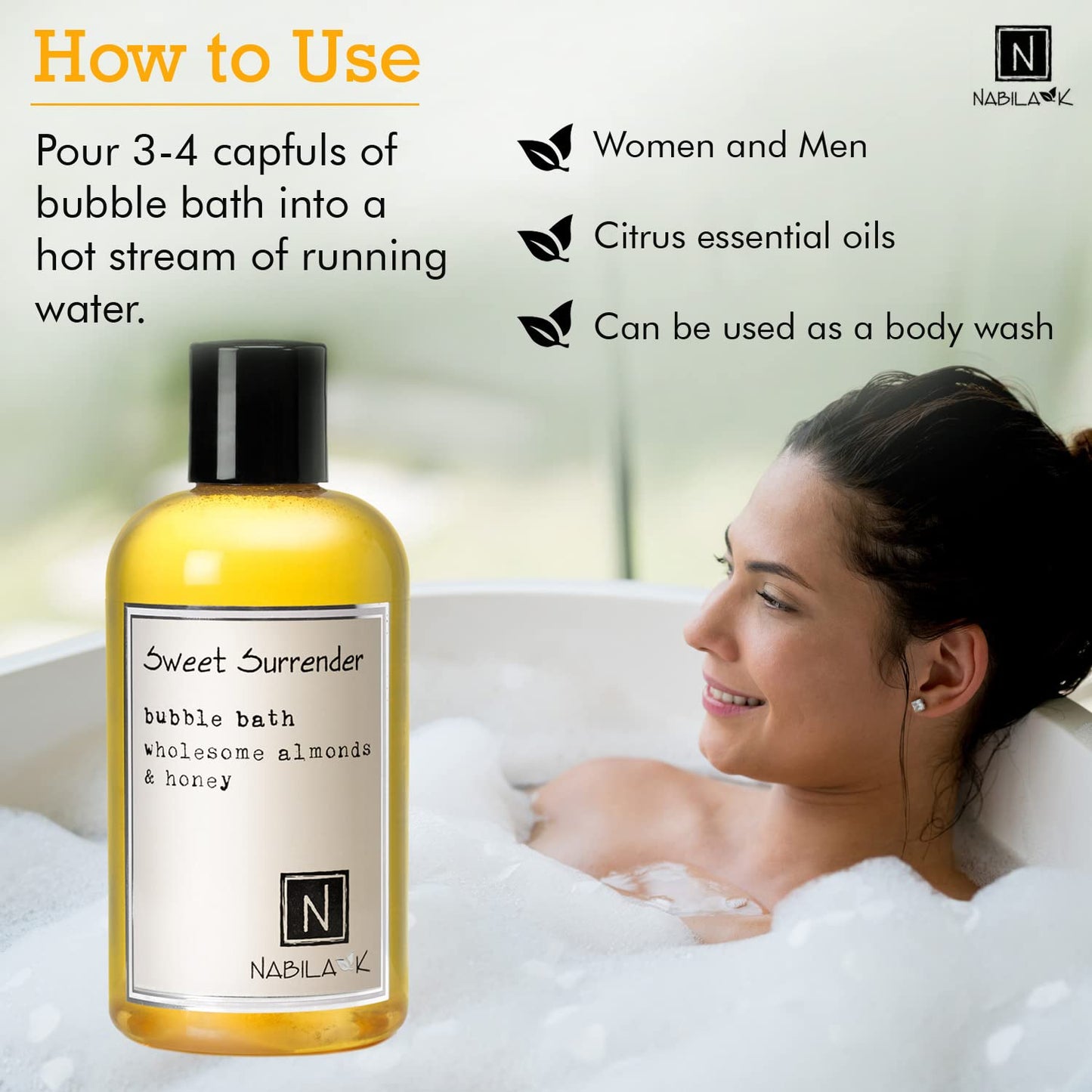 Sweet Surrender Bubble Bath with Almond & Honey Scent by Nabila K - Essential Oils with Natural Ingredients for Sensitive Skin, Tear-Free, Gentle