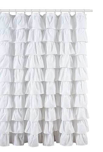 Ruffled White Fabric Shower Curtain