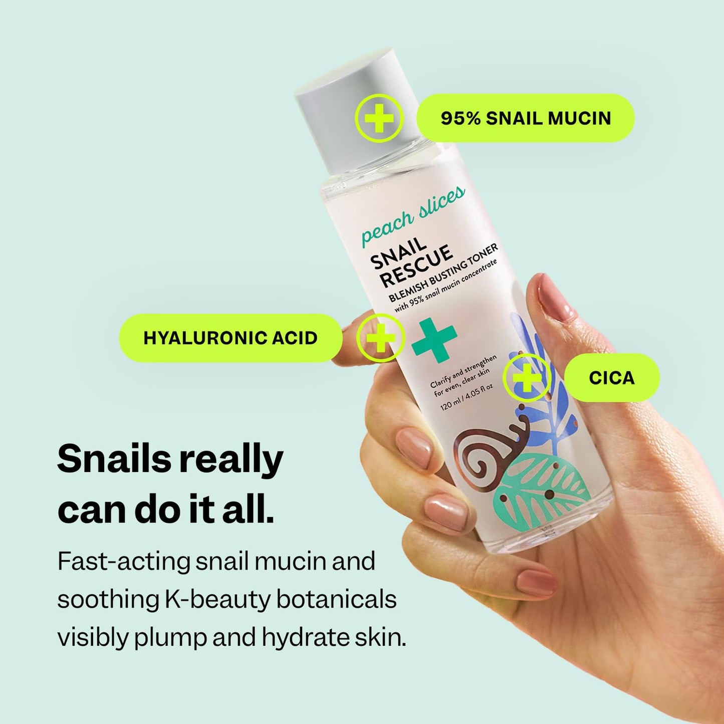 Peach Slices - Snail Rescue Blemish Busting Toner (4.05 oz) - 95% Snail Mucin Concentrate - Clarify, Strengthen, Balance - Hyaluronic Acid & CICA