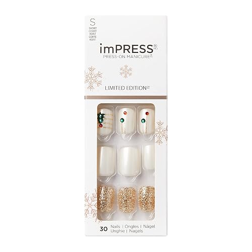 KISS imPRESS Limited Edition Holiday Press-On Nails, Short Size Square Fake Nails, with Prep Pad, Mini Nail File, Cuticle Stick, & 30 False Nails Beauty & Personal Care KISS