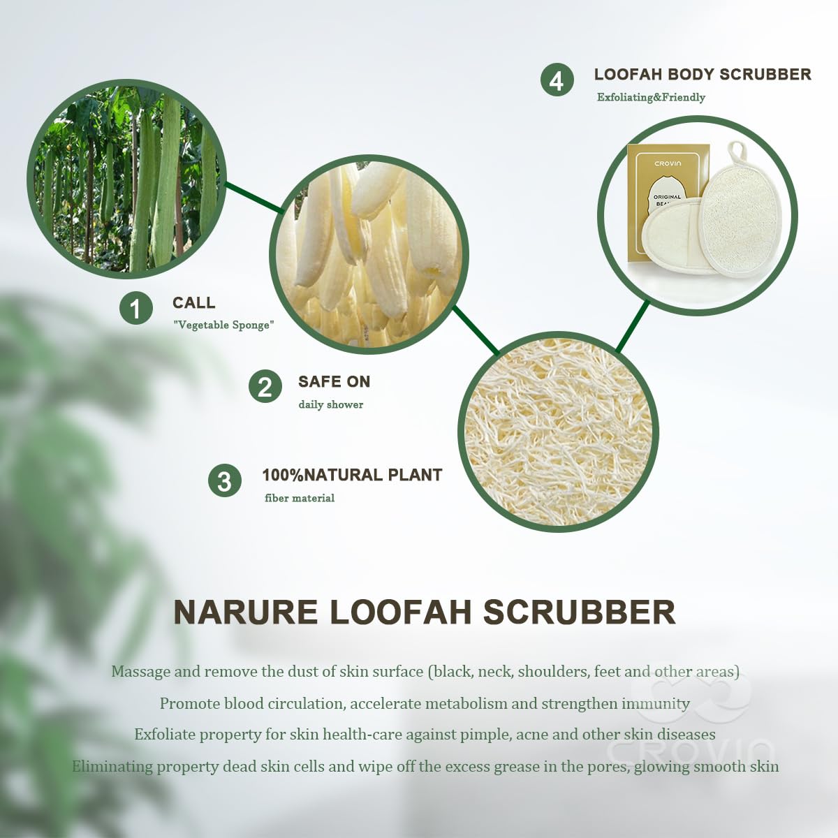 CROVIN Natural Loofah Exfoliating Body Scrubber, Made with Natural Shower Loofah Sponge for Men and Women’s SPA - Pack of 6 Exfoliating Loofah Sponge