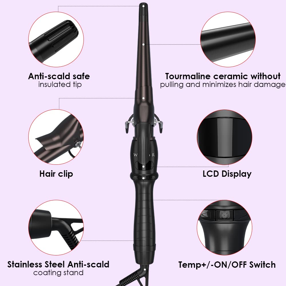 Professional 1-1/2" Tapered Curling Wand with Short Clamp, Ceramic Curling Iron for Long Lasting Curls or Waves, Hair Curling Iron Wand