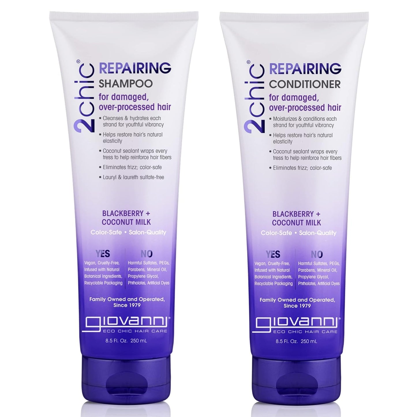 GIOVANNI 2chic Ultra-Repairing Shampoo & Conditioner Set - Bond Repair for Over-Processed Hair, Helps Restore Natural Elasticity, Blackberry & Coconut