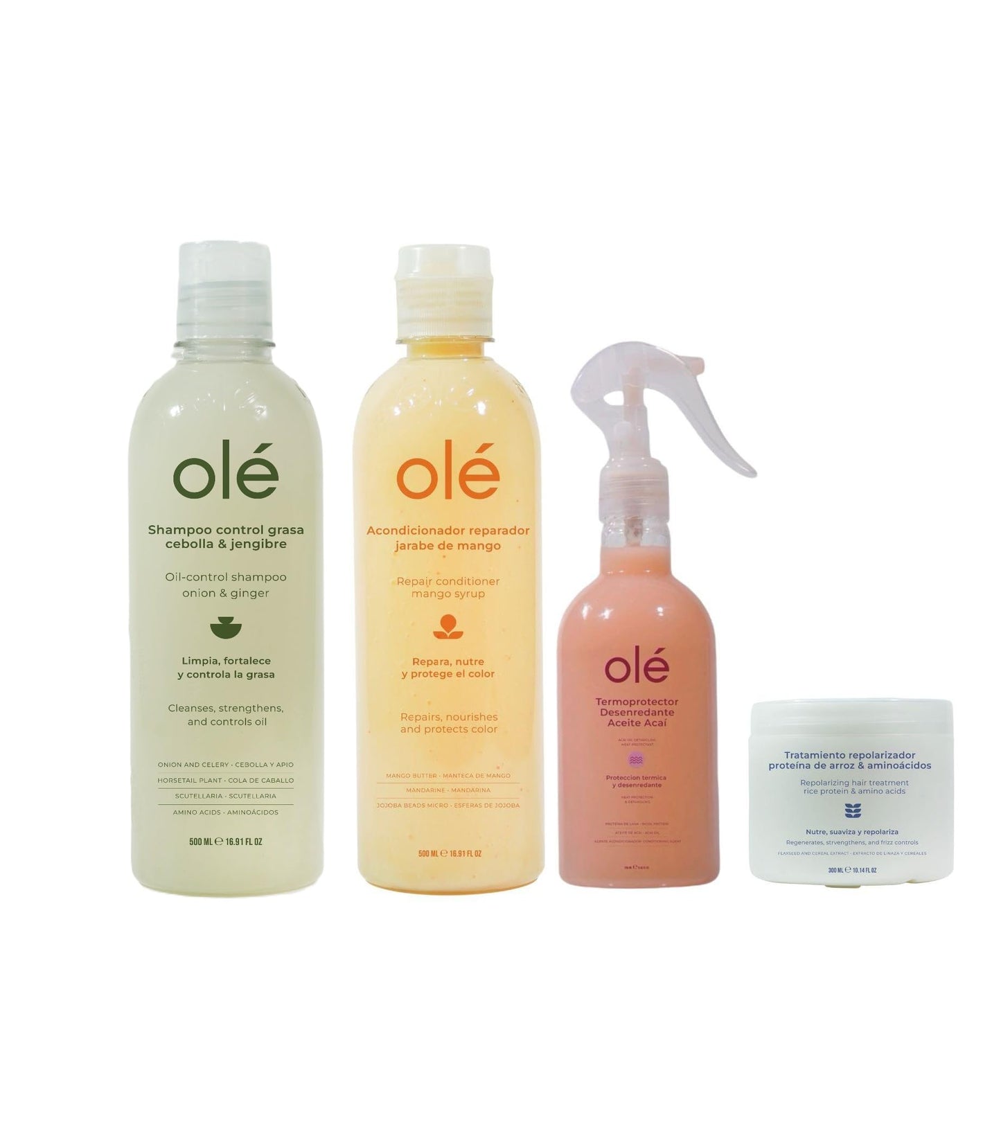 OLÉ Oil Control Hair Pack 4 Pieces - Rice Protein Pre-Shampoo + Onion, Ginger & Celery Shampoo + Mango & Tangerine Conditioner + Detangling thermo
