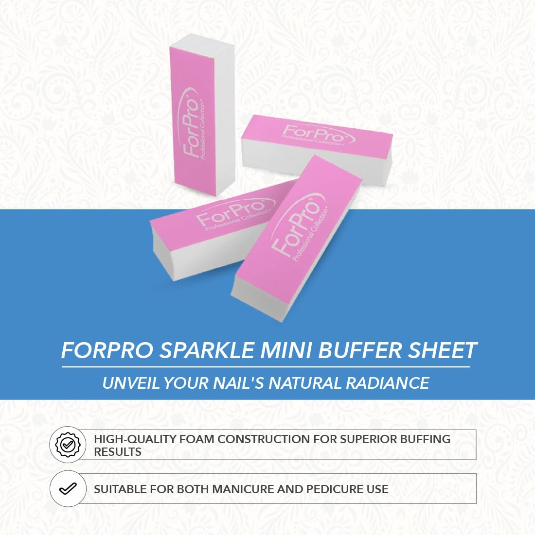 ForPro Professional Collection Sparkle Mini Buffer Sheet, Pre-Cut, Double-Sided Manicure & Pedicure Nail Buffers, Pink 400/White 4000 Grit, 39-Count
