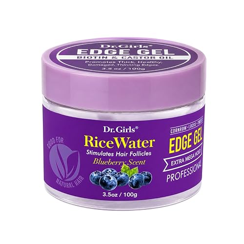 Dr. Girls Rice Water Edge Gel - Extra Mega Hold for Cornrows, Locs & Twists with Biotin, Castor Oil 3.5oz (Blueberry)