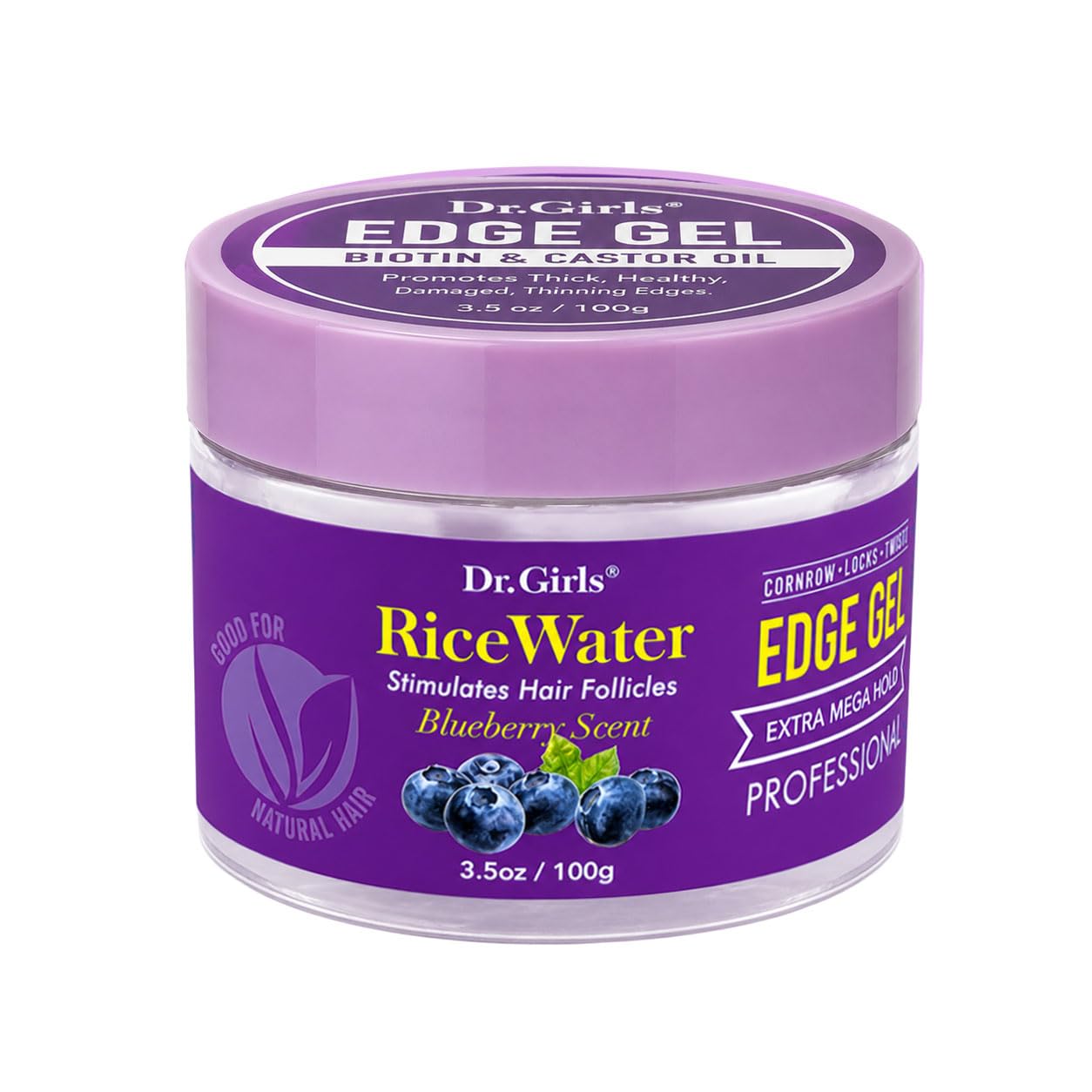 Dr. Girls Rice Water Edge Gel - Extra Mega Hold for Cornrows, Locs & Twists with Biotin, Castor Oil 3.5oz (Blueberry)