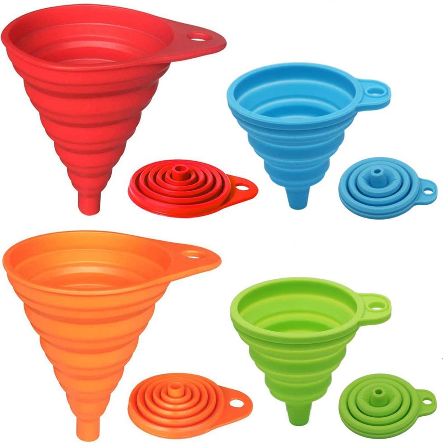 KongNai 4-Pack Silicone Collapsible Funnels, Small & Large Kitchen Set for Liquid Transfer, Water Bottles, Food Grade