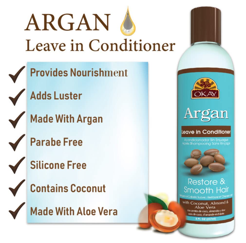 OKAY | Argan Leave In Conditioner | For All Hair Types & Textures | Restore, Hydrate & Smooth Hair | With Coconut, Almond, & Aloe Vera | Free