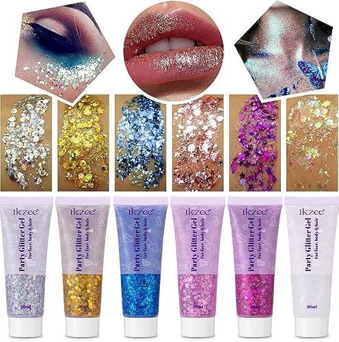 6Pcs Body Glitter for Women - Holiday Glitter Gel for Face &Body & Hair & Nail DIY?Hair Glitter Gel Create A Stunning Visual Feast ?Multiple Purpose