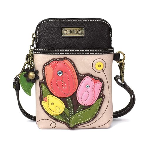 CHALA Plant Life Collection Cell Phone Crossbody Purse-Women PU Leather/Canvas Multicolor Handbag with Adjustable Strap - Tulip - ivory