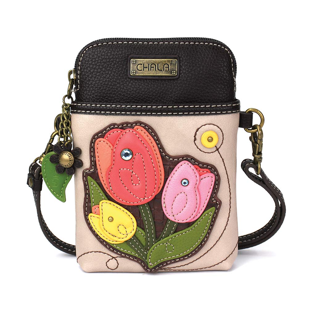 CHALA Plant Life Collection Cell Phone Crossbody Purse-Women PU Leather/Canvas Multicolor Handbag with Adjustable Strap - Tulip - ivory