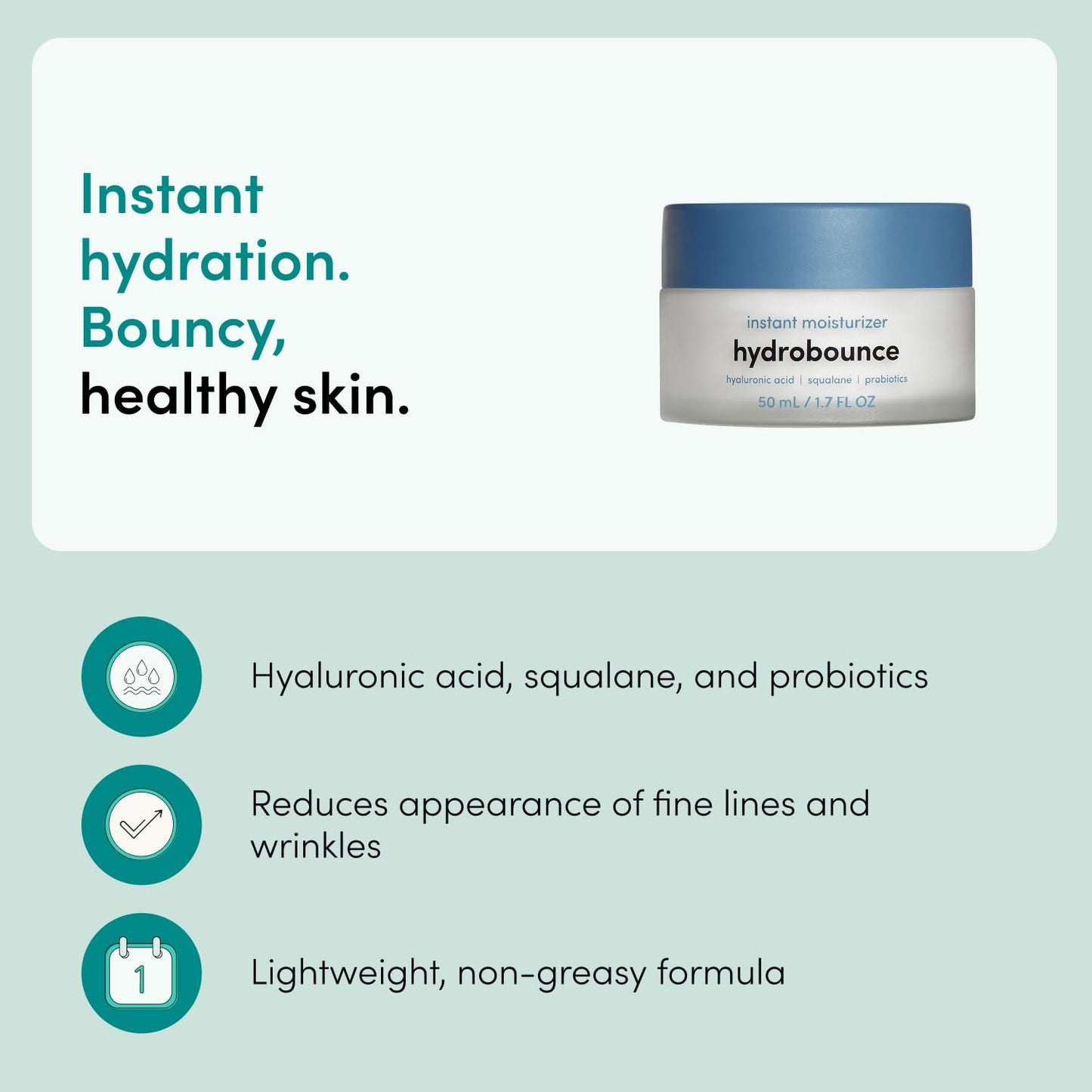 hers Hydrobounce Instant Moisturizer - Hyaluronic Acid, Squalane, & Probiotic Formula - Lightweight Daily Face Cream - Hydrating Vegan Facial Lotion