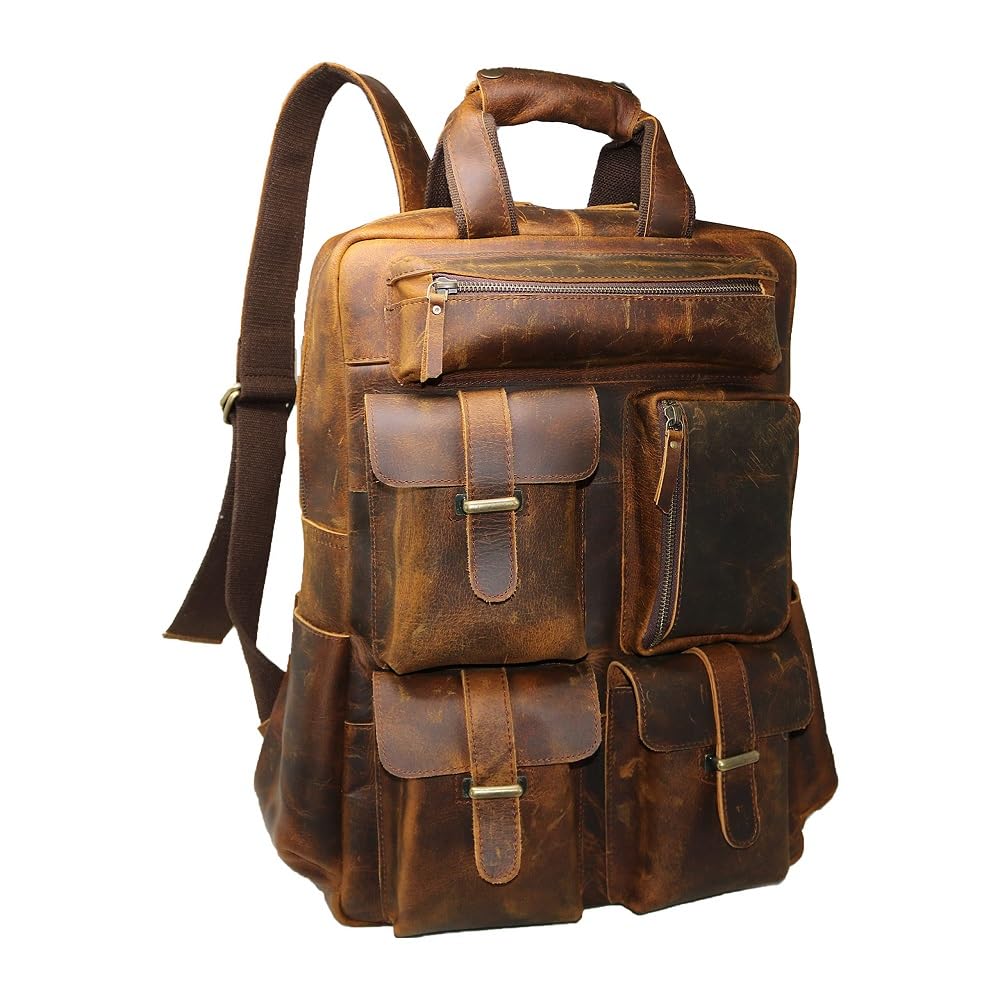 Jaald Leather Laptop Backpack Rucksack Multipocket Full Grain Leather Gaming Laptop Bag School Daypack For Men Anti-Theft Pocket Brown