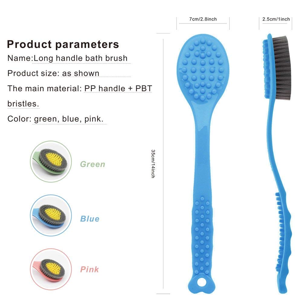 QiCheng&LYS Bath Brush with Long Handle, Handheld Body Massage Brush Shower Back Scrubber-14inch (Blue)