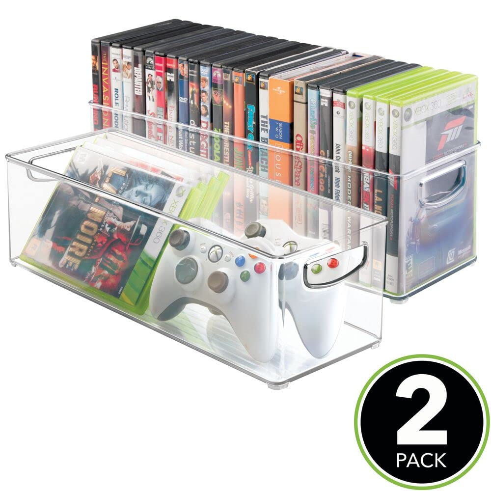 mDesign Household Storage Bin for DVDs, PS4 and Xbox Video Games - Pack of 2, Large, Clear