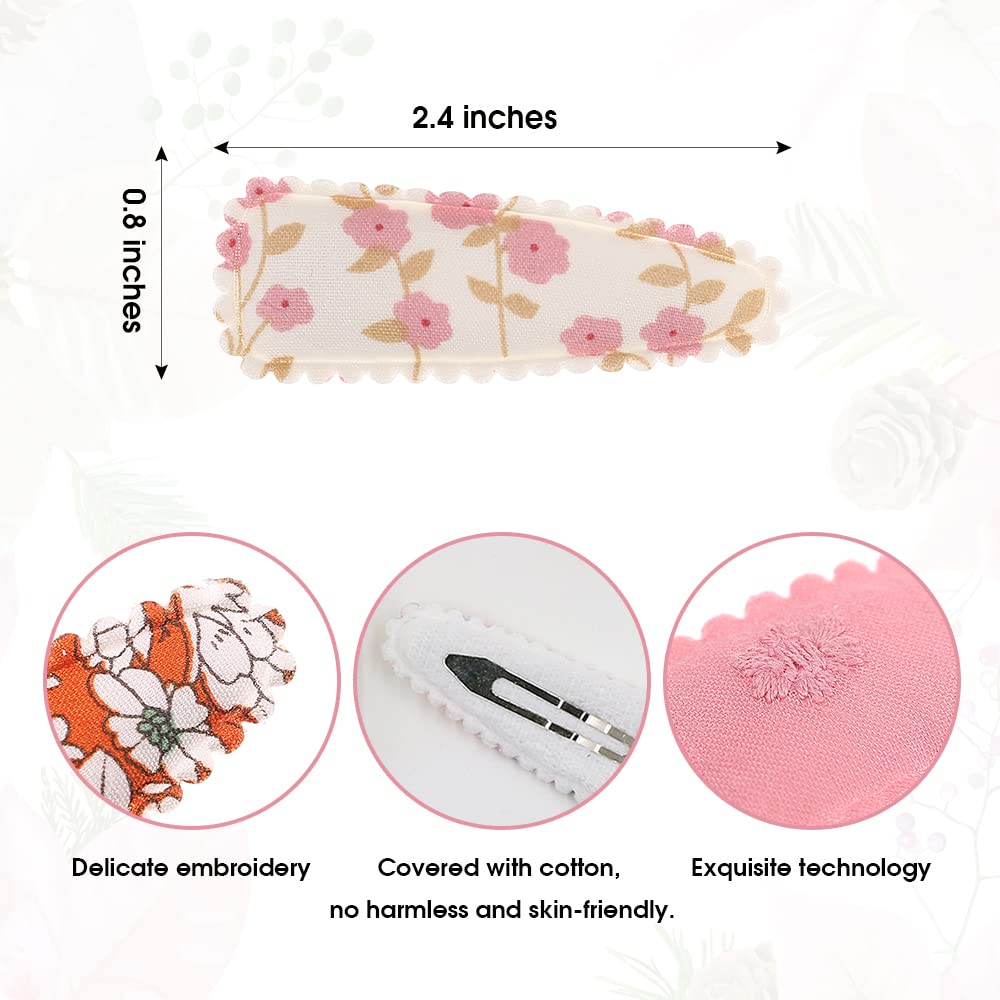 JIAHANG 20 Pcs Baby Girls Floral Print Hair Clips in Pair, Non Slip Hairpins Cotton Snap Hair Barrettes Thin Thick Hair Accessories for Toddlers
