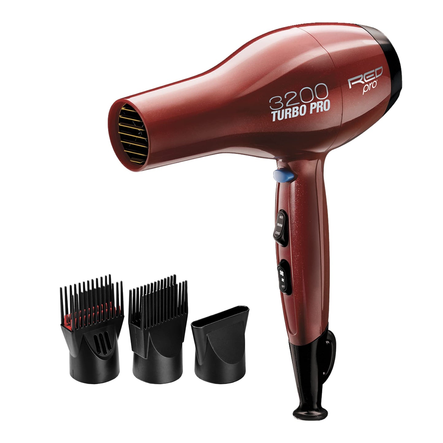RED PRO 3200 Turbo Pro Detangler AC Hair Dryer, 3 Heat/2 Speed Settings, Cool Shot Button, Powerful Airflow, 3 Additional Styling Attachments