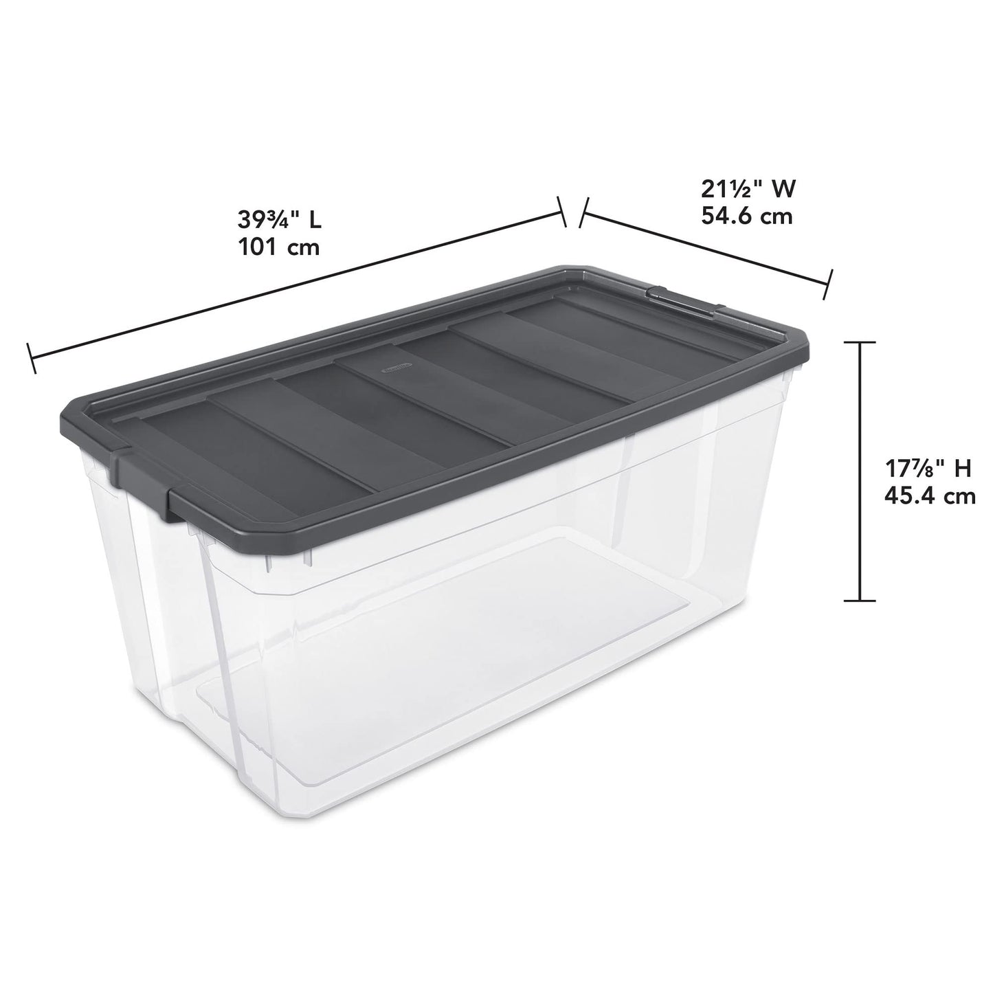 Sterilite 200 Quart Clear Plastic Modular Stacker Storage Bin Tote Container with Latching Lid, Clear Base, and Textured Sure-Grip Surface, Flat Grey