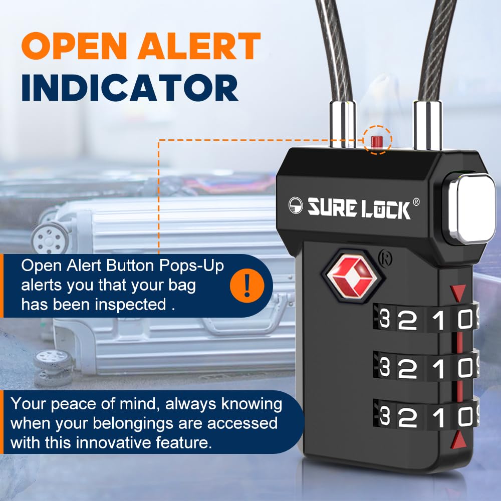 SURE LOCK TSA Approved Luggage Lock – 3-Digit Combination with Open Alert, Extra Long Cable, Easy-Read Dials for Suitcase & Travel