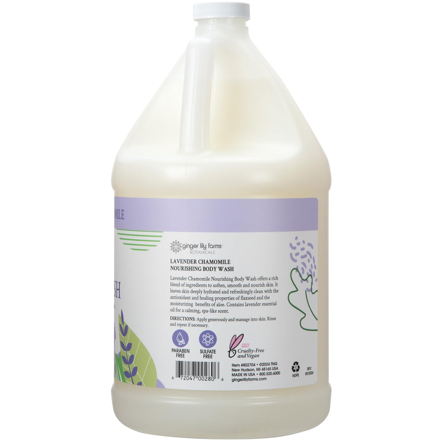 Ginger Lily Farms Botanicals Nourishing Body Wash, 100% Vegan & Cruelty-Free, Bath & Shower Gel for Men and Women, Lavender Chamomile Scent, 1 Gallon