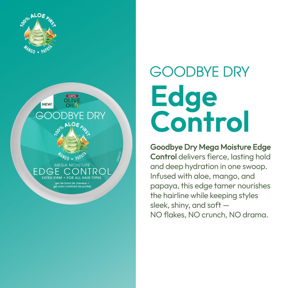 ORS Olive Oil Goodbye Dry Mega Moisture Edge Control Extra Firm Gel with Aloe, Mango & Papaya, Hydration & Nourishing 2.25 Ounces