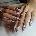 SINHOT Stiletto Press on Nails Extra Long Fake Nails with Glue Glossy False Nails with Black Leaves Designs Full Cover Almond Acrylic Nail 24pcs