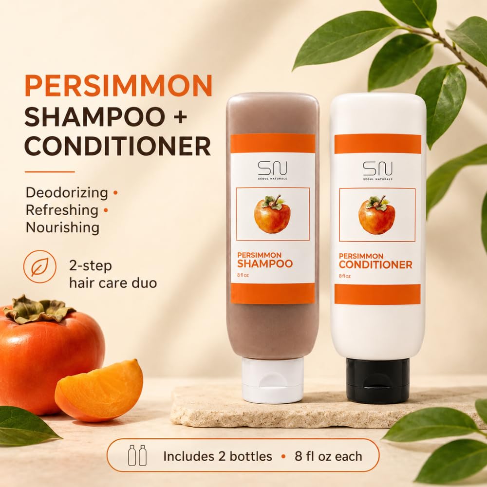 Seoul Naturals Persimmon Shampoo and Conditioner Set, Deodorizing and Nonenal Odor Eliminating, All Natural Ingredients, k beauty inspired, 16fl oz, 2