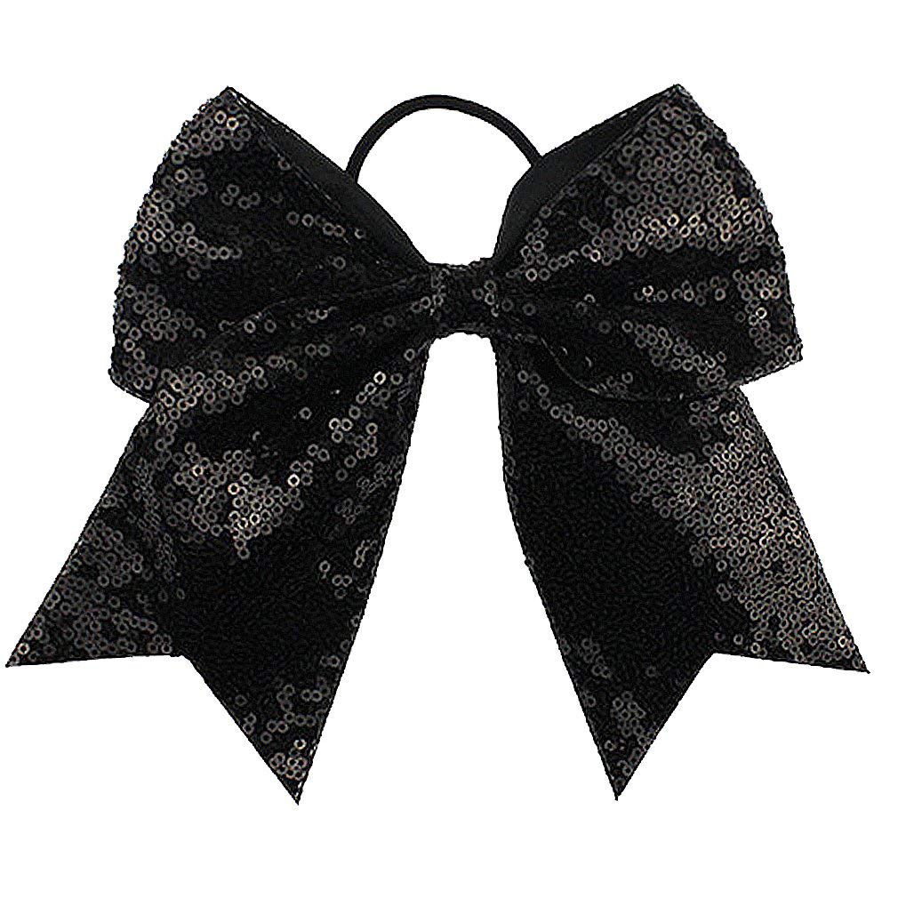 Oaoleer 12PCS 7" Large Glitter Cheer Hair Bows Ponytail Holder Elastic Band Handmade for Cheerleading Teen Girls College Sports (Black)