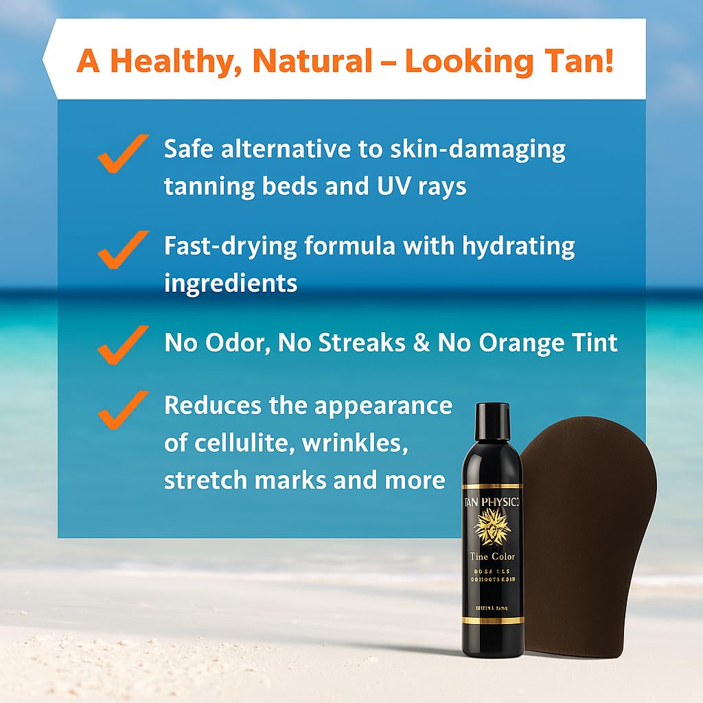 Tan Physics Sunless Tanner 8oz (Pack of 2) with Tanning Mitt - Self Tanning Lotion - Instant Tan Lotion for Face & Body - Natural Self Tanner for a