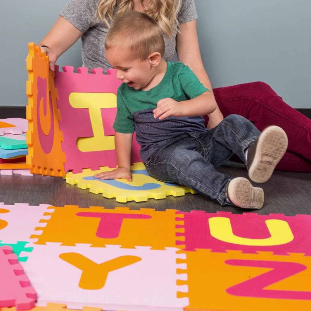 Little Fun Times Alphabet Play Mat – 60 PCS 12" EVA Foam Tiles, 71.5"x71.5" Interlocking Floor Puzzle with Letters, Numbers & Edges