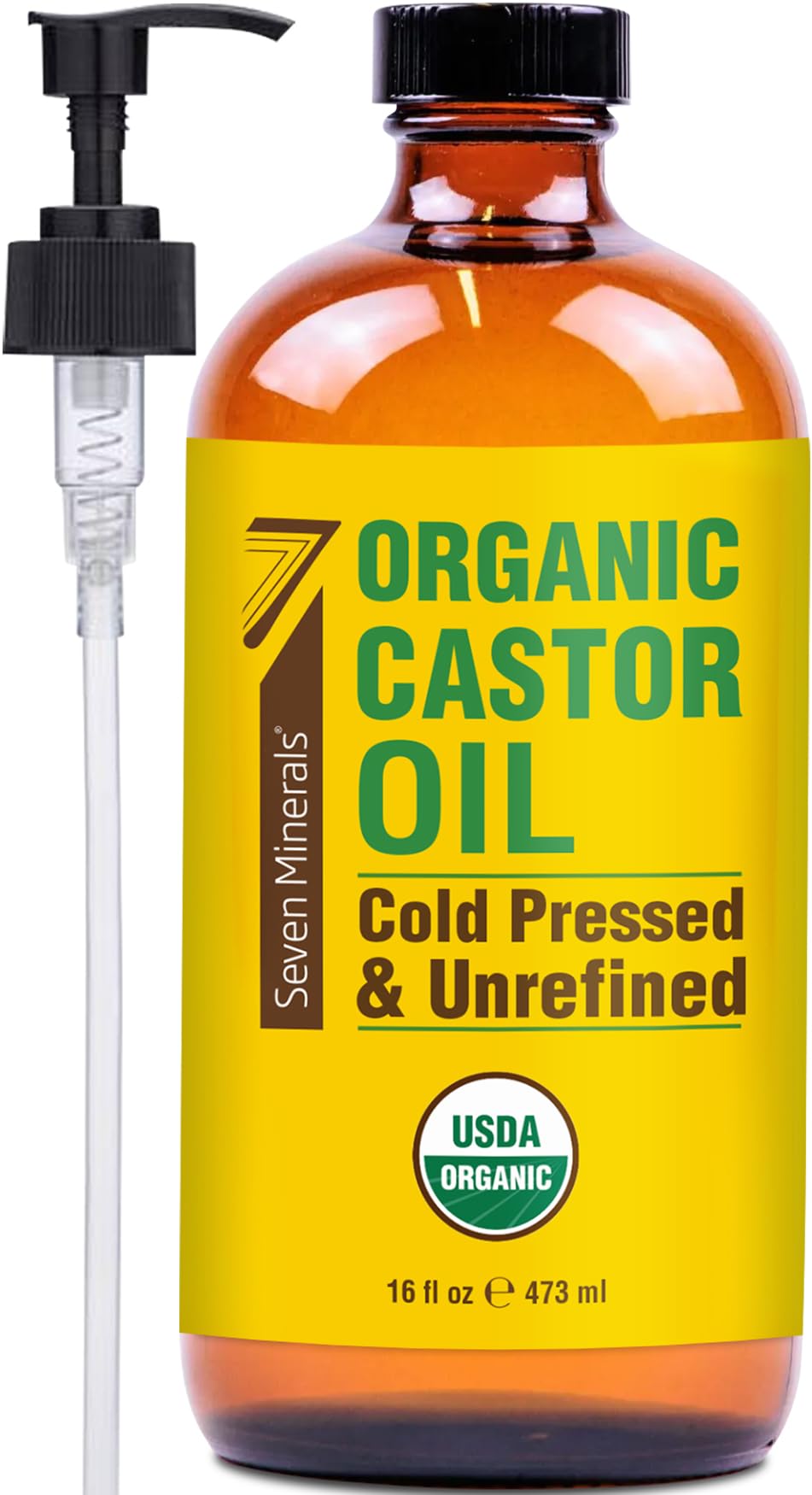 Seven Minerals USDA Organic Castor Oil - Big 16 oz Glass Bottle with Pump - 100% Pure Cold Pressed Unrefined Hexane Free - for Hair Growth, Eyelashes Beauty and Personal Care Seven Minerals Default Title