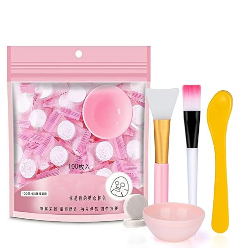 100 pcs Compressed Facial Mask Sheet Beauty DIY Disposable Mask Paper Natural Cotton Skin Care Wrapped Masks Normal Thick?Get a Small Mask Bowl, Mask