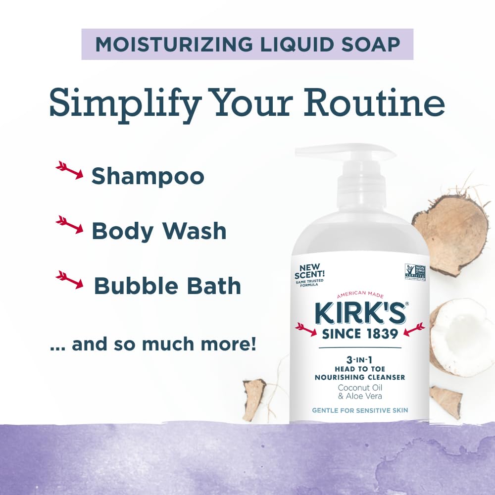 Kirk's 3-in-1 Head to Toe Nourishing Liquid Cleanser- for Men, Women & Children - Premium Coconut Oil & Aloe Vera- Non GMO & Vegan - Lavender