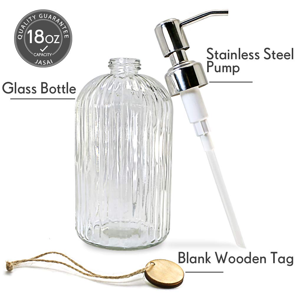 JASAI 18oz Clear Glass Soap Dispenser with Rust-Proof Stainless Steel Pump for Bathroom or Kitchen – Refillable Hand Soap Bottle