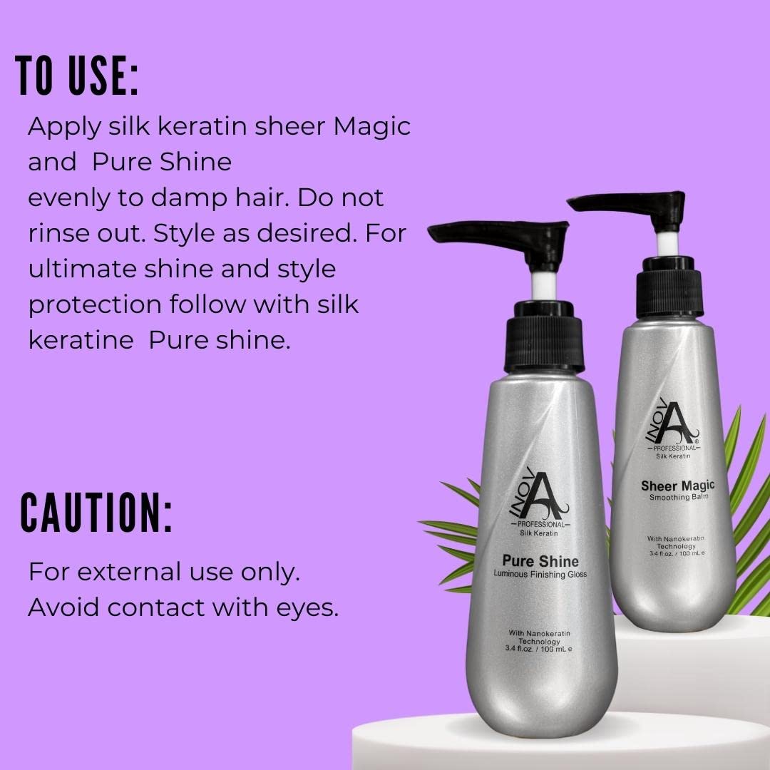Inova Professional Silk Keratin - Smooth & Shine Set - Sheer Magic Smoothing Balm & Pure Shine Luminous Finishing Gloss, (3.4 Oz Set), white