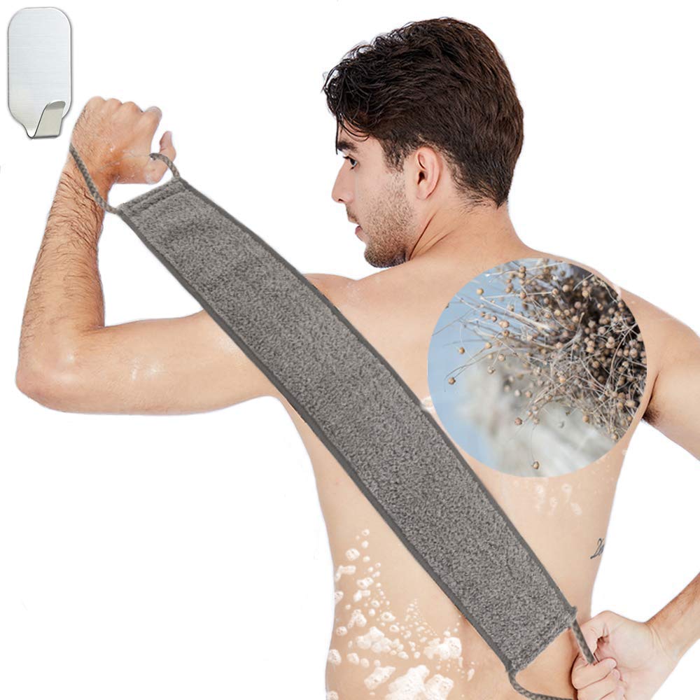 Loofah Back Scrubber for Shower, Natural Soft Flax Back Exfoliator Cleaner for Shower Acne, Extra Long Back Scrub Washer, Dual-Sided Bath Exfoliating