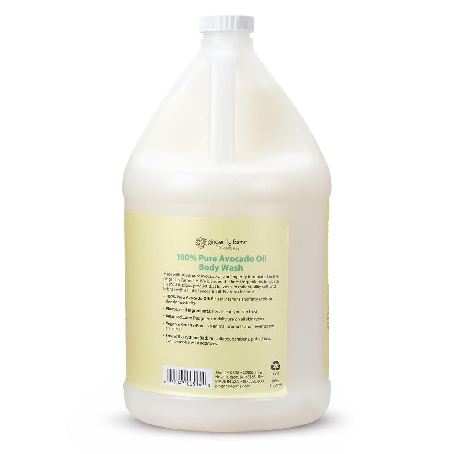 Ginger Lily Farms Botanicals 100% Pure Avocado Oil Body Wash for All Skin Types, 100% Vegan & Cruelty-Free, 1 Gallon (128 Fl Oz) Refill
