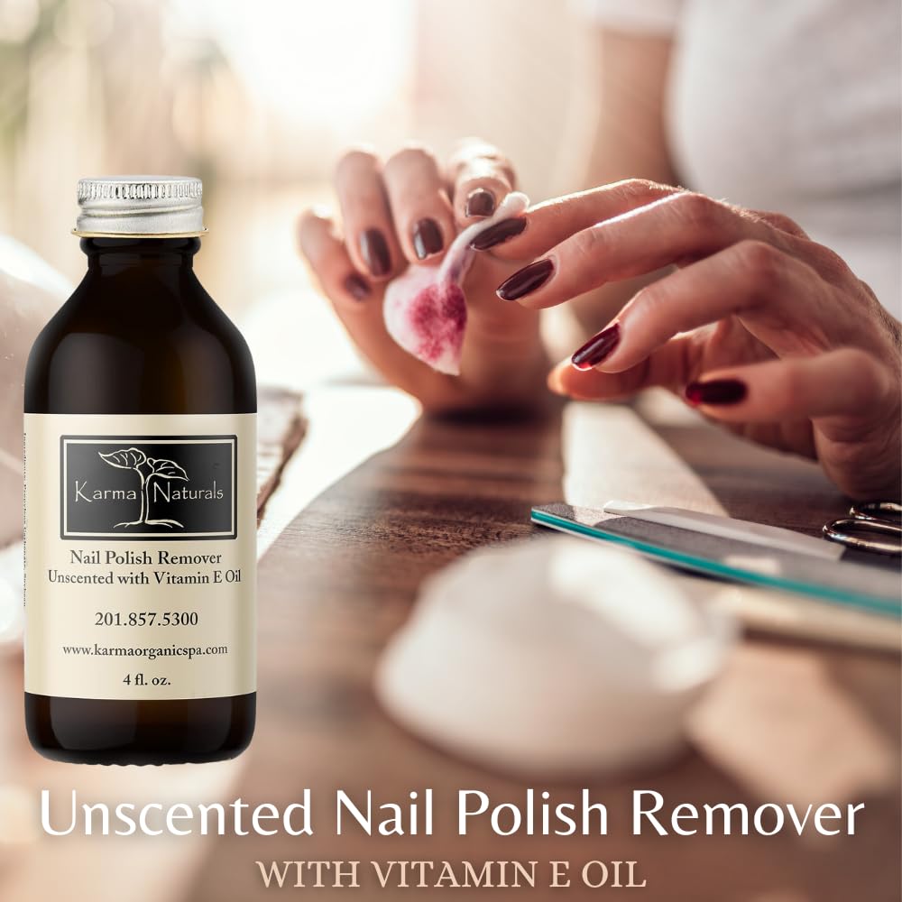 Karma Organic Nail Polish Remover Unscented- Non Toxic, Vegan, Cruelty Free, Acetone Free - Nails Strengthener for Fingernails - 4 fl. Oz