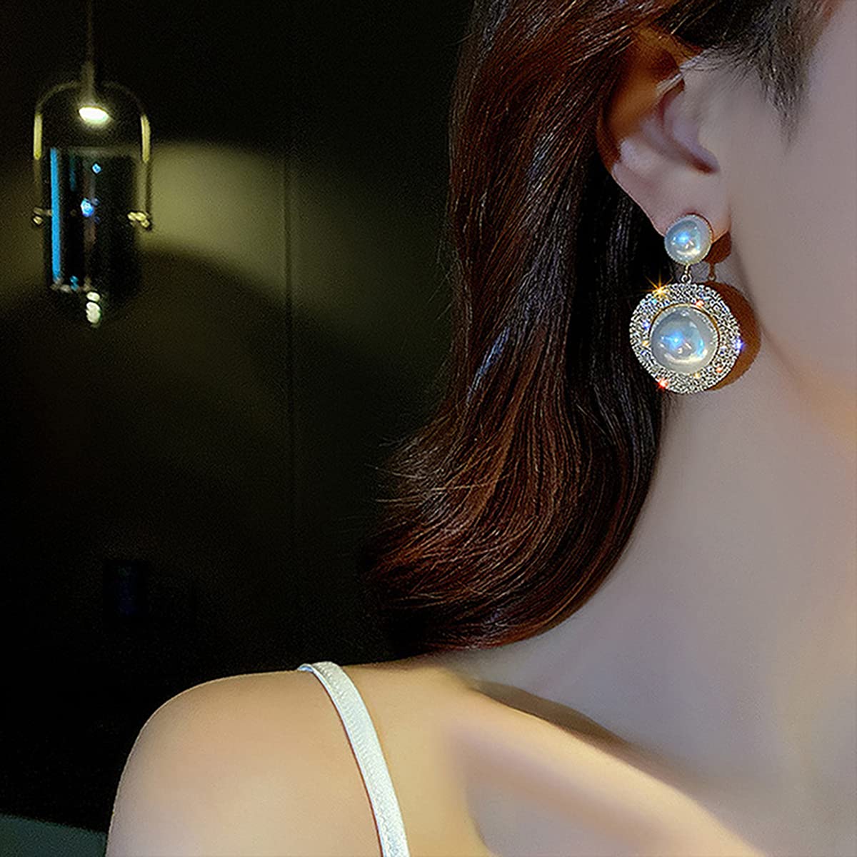 Xerling Bling Rhinestone Pearl Button Stud Earrings for Women Shiny Statement Pearl Dangle Bridal Earrings for Wedding Prom Party