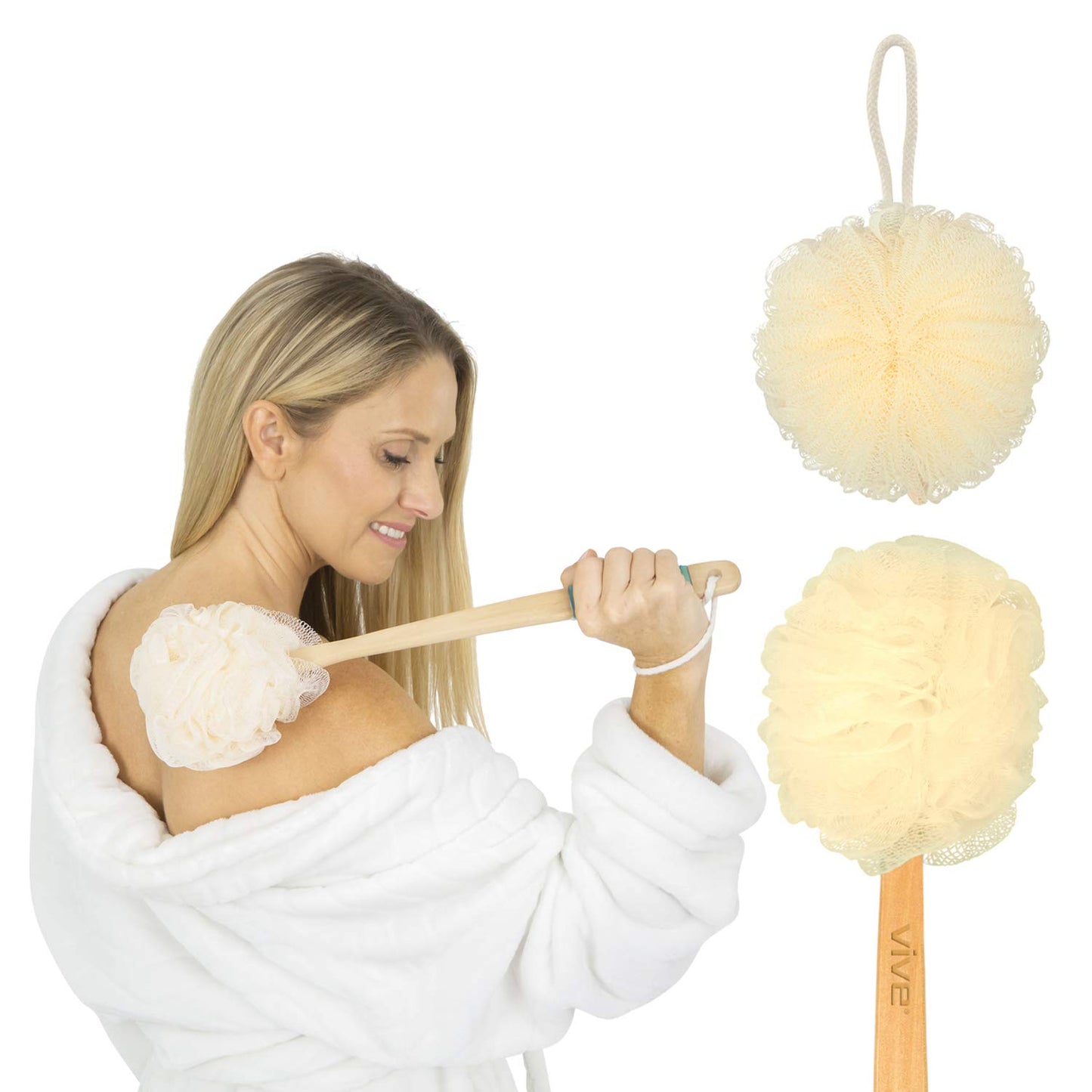 Vive 17” Shower Loofah with Long Handle - Exfoliating Back & Body Scrubber for Men & Women - Luffa Sponge on a Stick for Bathing, Cleaning - Includes