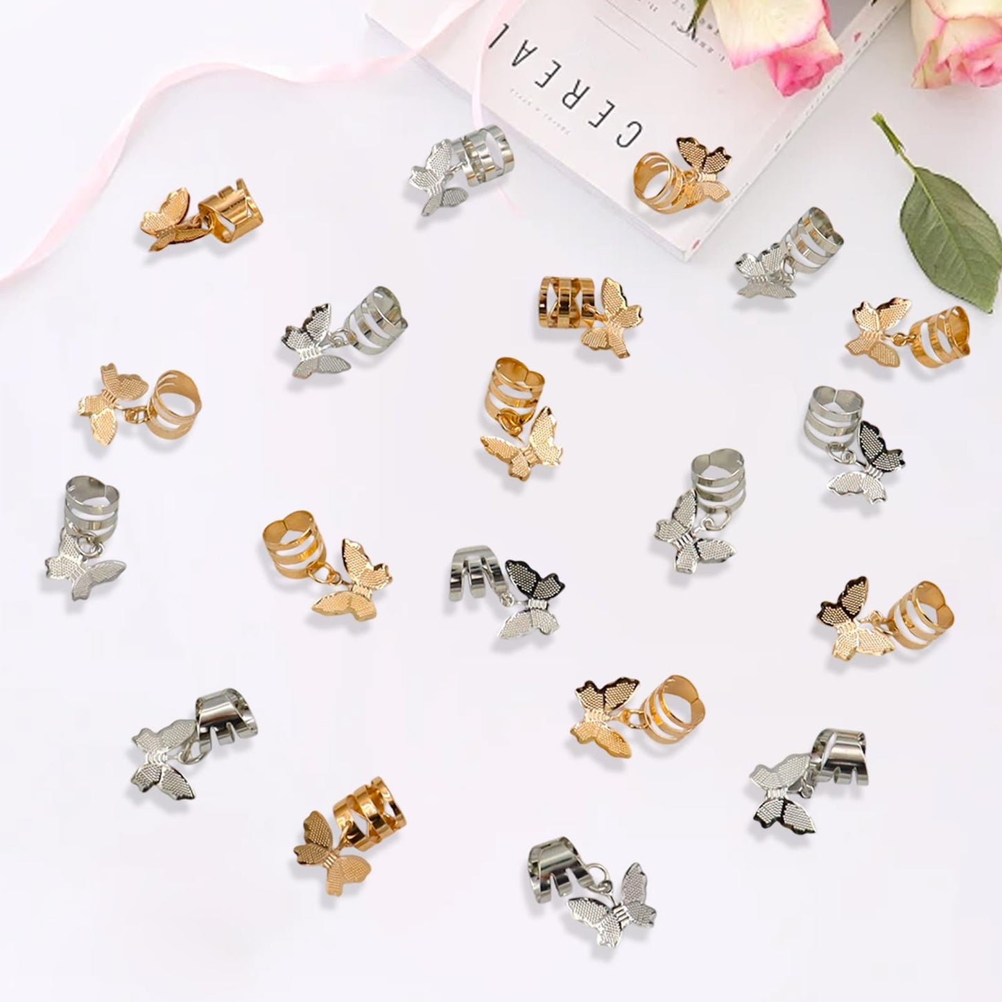 20Pcs Gold Silver Butterfly Cuffs for Women's Braids, Dreadlocks - Aluminum Rings, Adjustable Metal Clips, Hair Decorations