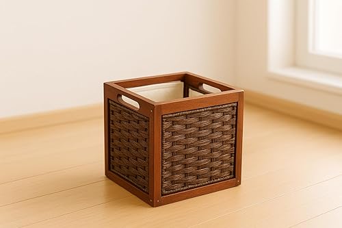 SDFUMAO Handwoven Wicker Storage Bin with Wooden Frame and Fabric Liner, Square Organizer Basket with Handles for Living Room, Closet, or Laundry…