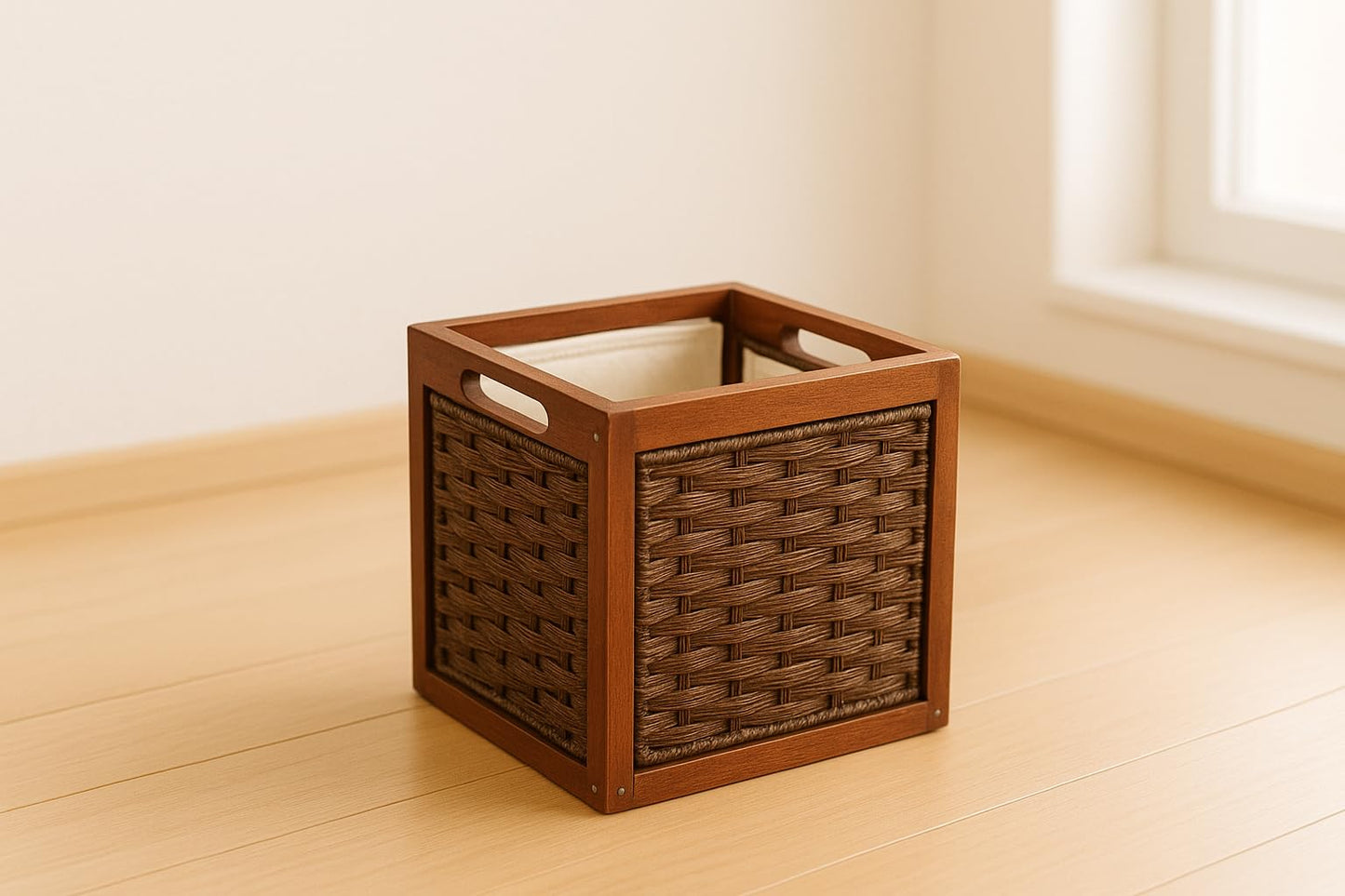 SDFUMAO Handwoven Wicker Storage Bin with Wooden Frame and Fabric Liner, Square Organizer Basket with Handles for Living Room, Closet, or Laundry…