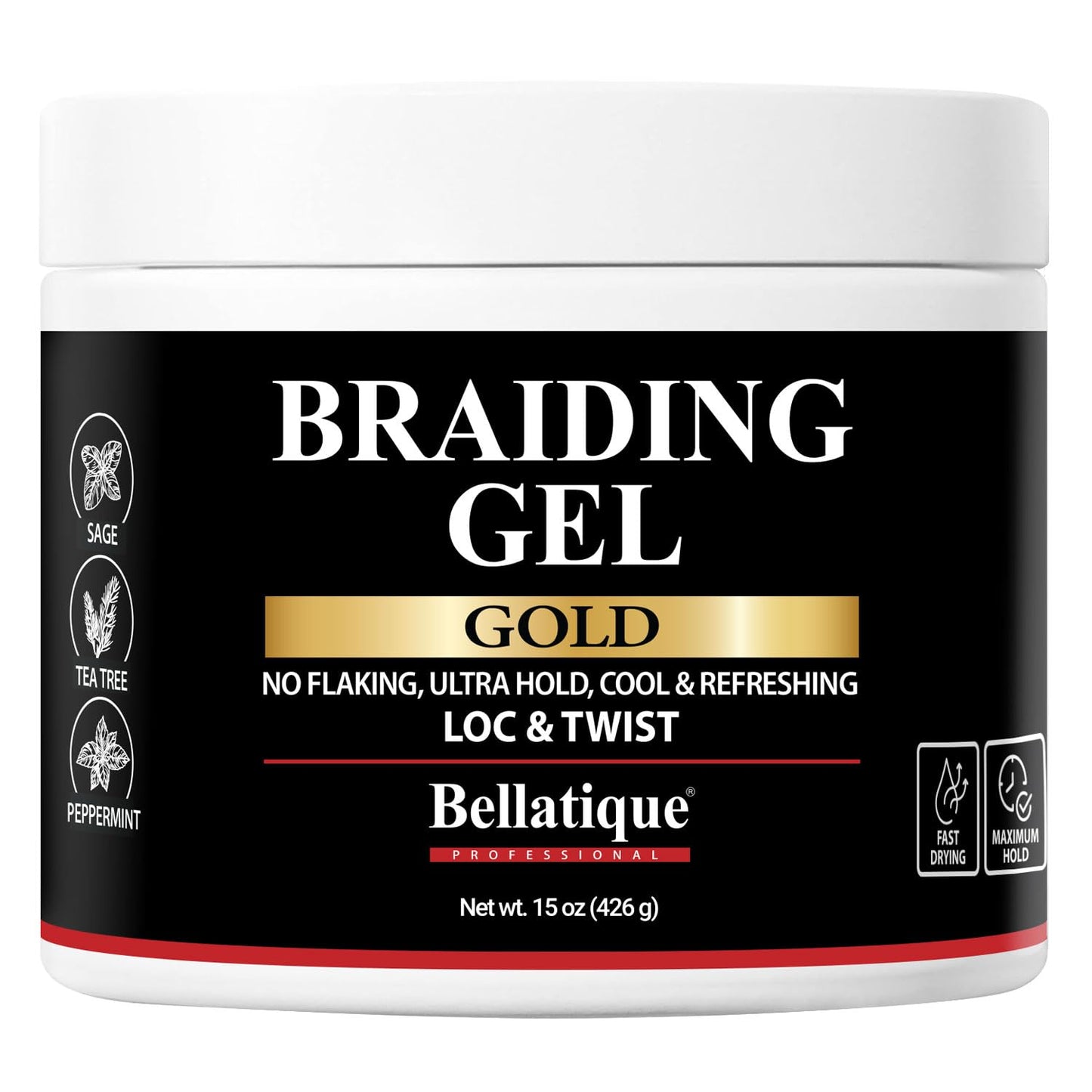 BELLATIQUE GOLD Braiding Gel Maximum Hold for LOC & Twist - No Flaking, No Whitening, Fast Drying, High Shine, Cool & Refreshing, Long Lasting Hold