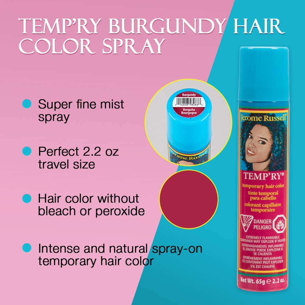 Jerome Russell Temp'Ry Spray-On Temporary Hair Color - Burgundy Instant Highlights and Root Touch Up, Washable Salon Quality Styling Tint, 2.2 oz, 3