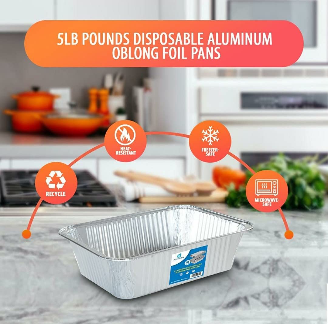 Diplastible Oblong Disposable Aluminum Pans with Lids - 10 Pack - 8.5 x 6 x 2.5 in 5-lb Pan with Foil Covers Perfect for Baking Cooking Food…