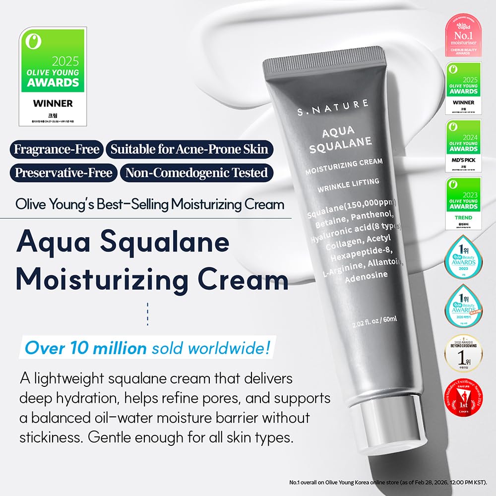 S.NATURE Pore Refining Moisturizer for Dry & Sensitive Skin - Squalane Hydrating Face Cream, Tightening & Smoothing Pores, Lightweight Korean