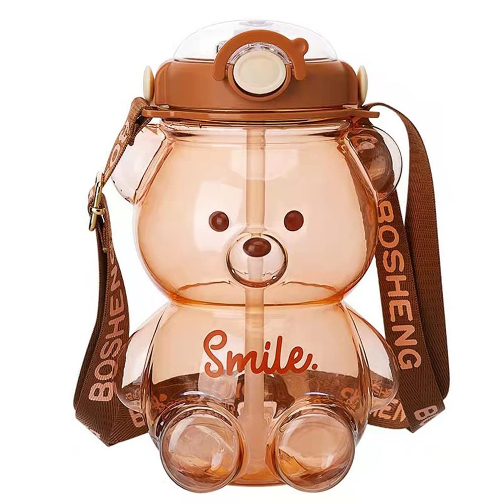 Kawaii Bear Straw Bottle, Large Kawaii Bear Shaped Water Bottle with Straw and Carrying Loop Adjustable Shoulder Strap, Cute Portable Water Bottles